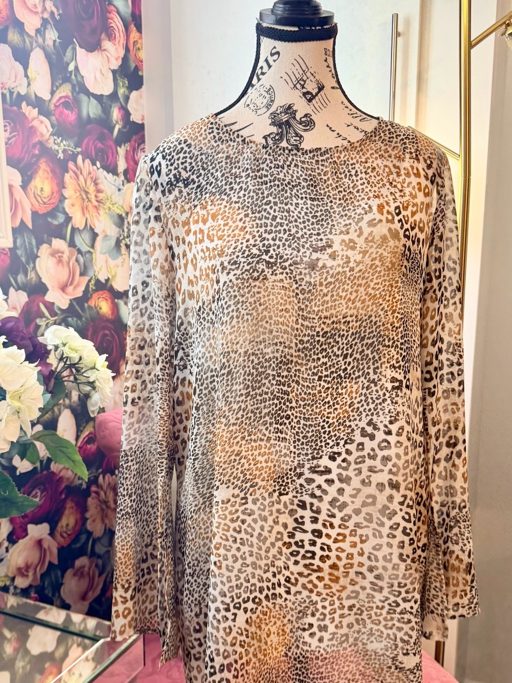 Leopard Print Long Sleeve Tunic - Neutral Tones